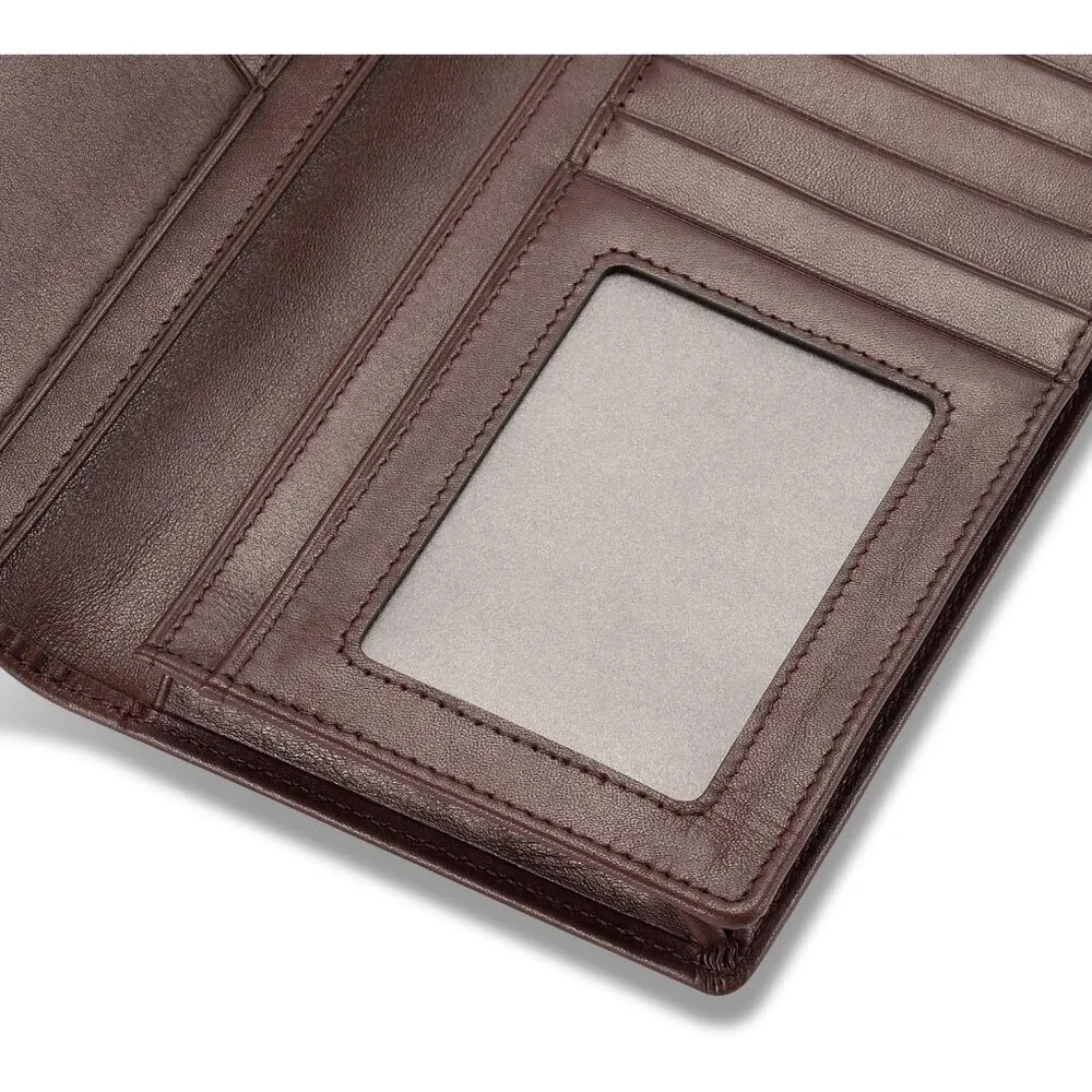 Men's Dark Coffee Full Grain Leather Long Bifold Wallet Credit Card Slots Style